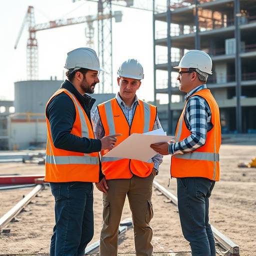En gruppe ingeniører som diskuterer et prosjekt på en byggeplass